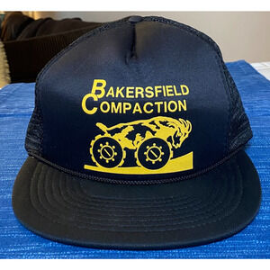 Vintage Bakersfield Compaction California Strapback Hat Cap Black Mesh 66B